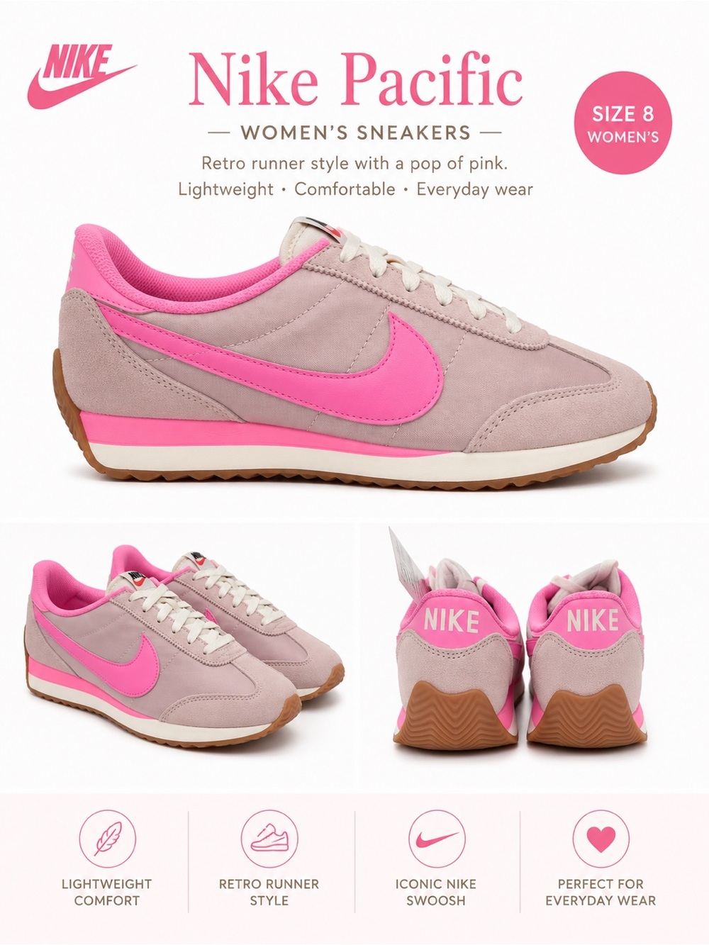 NWT Nike Pacific Silt and  Hot Pink Retro Runner Sneakers Women’s 8 Barbiecore